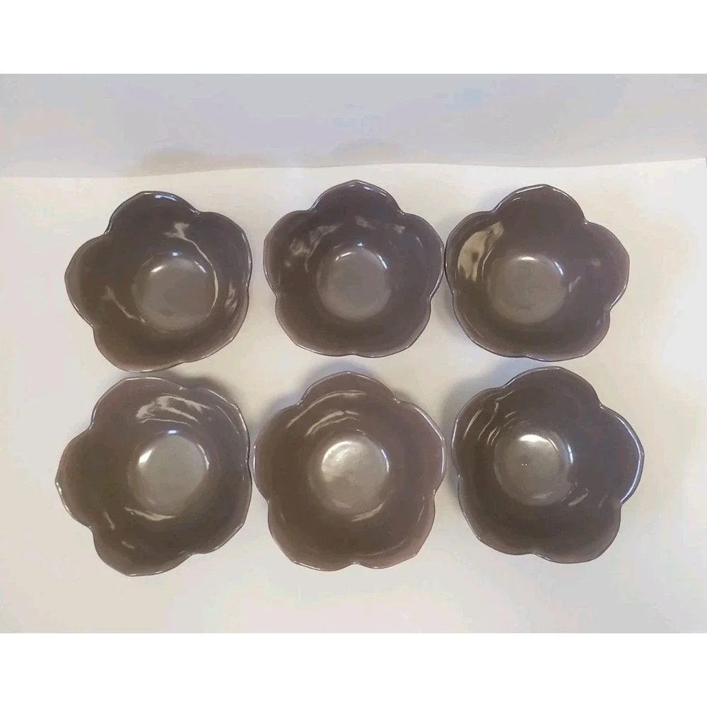 Vintage Pier 1 Lotus Flower Bowls Taupe/Brown Porcelain Set of 6 Cottagecore